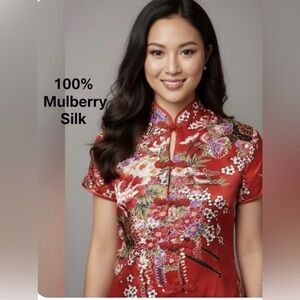 Premium 100% Mulberry Silk Cheongsam Qipao Top Red Suzhou  Size M Fits (US S)o